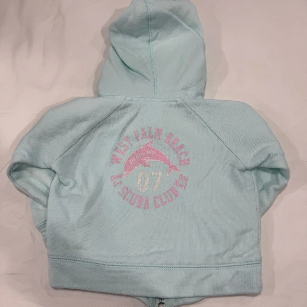Y2K Old Navy Light Blue/Aqua Kids Hoodie with Pink Dolphin Size 12-18 Months